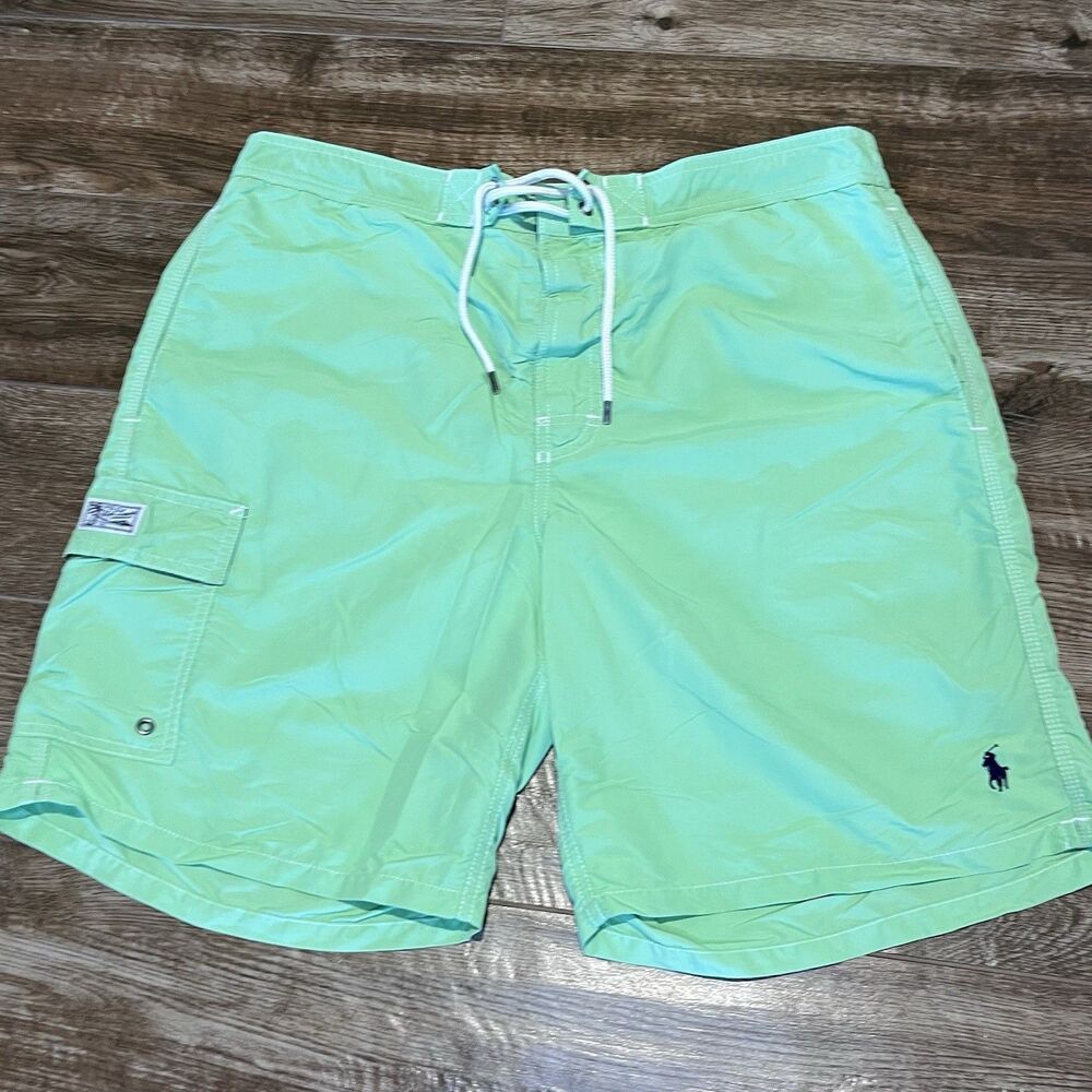 Polo Ralph Lauren Mens L Lime Green Swim Trunks Cargo Pocket Board Shorts Pony